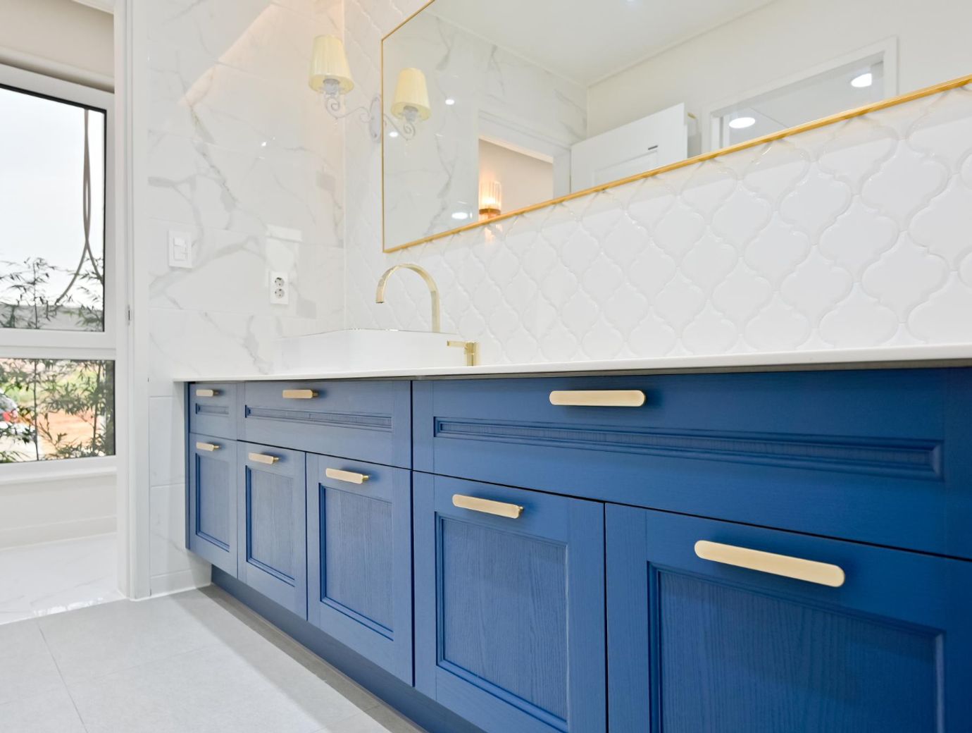 Blue cabinets in renovated kitchen